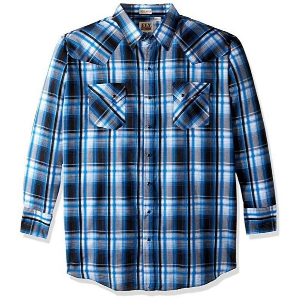 Ely Cattleman Men's Long Sleeve Plaid Western Shirt, Blue Size 2XL